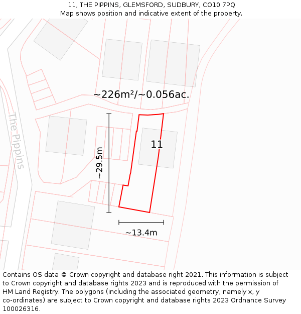 11, THE PIPPINS, GLEMSFORD, SUDBURY, CO10 7PQ: Plot and title map