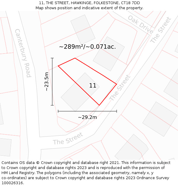 11, THE STREET, HAWKINGE, FOLKESTONE, CT18 7DD: Plot and title map