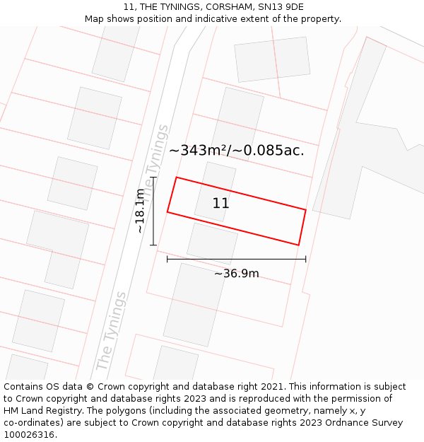 11, THE TYNINGS, CORSHAM, SN13 9DE: Plot and title map