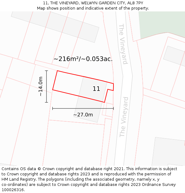 11, THE VINEYARD, WELWYN GARDEN CITY, AL8 7PY: Plot and title map