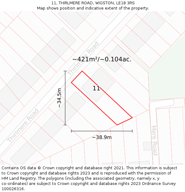 11, THIRLMERE ROAD, WIGSTON, LE18 3RS: Plot and title map