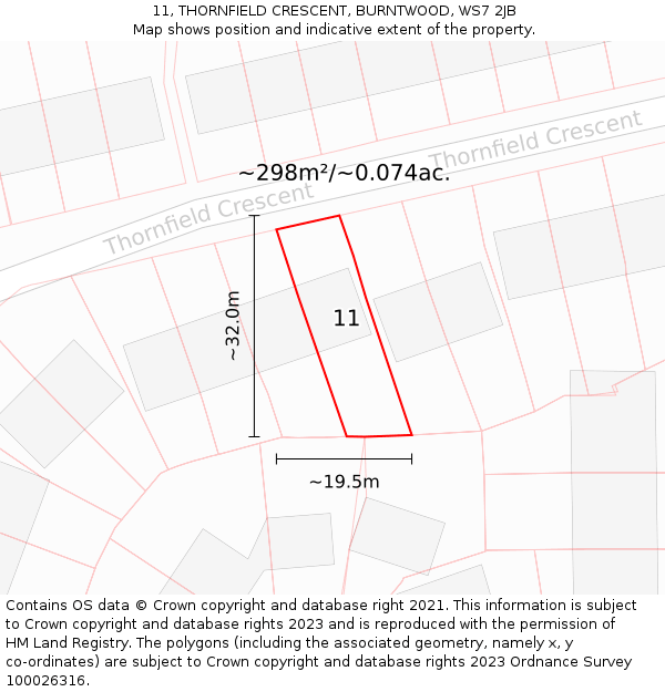 11, THORNFIELD CRESCENT, BURNTWOOD, WS7 2JB: Plot and title map