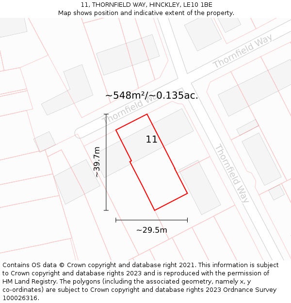 11, THORNFIELD WAY, HINCKLEY, LE10 1BE: Plot and title map