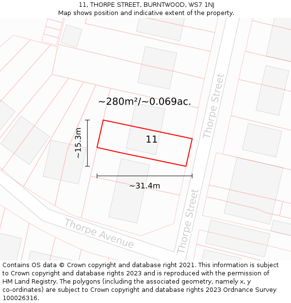 11, THORPE STREET, BURNTWOOD, WS7 1NJ: Plot and title map