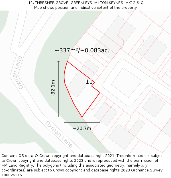 11, THRESHER GROVE, GREENLEYS, MILTON KEYNES, MK12 6LQ: Plot and title map