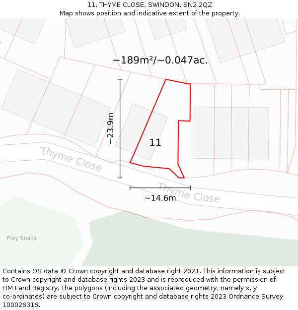 11, THYME CLOSE, SWINDON, SN2 2QZ: Plot and title map