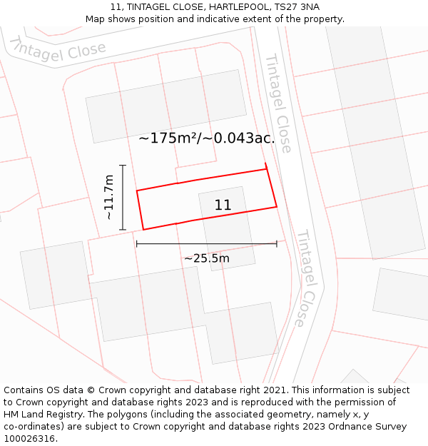 11, TINTAGEL CLOSE, HARTLEPOOL, TS27 3NA: Plot and title map