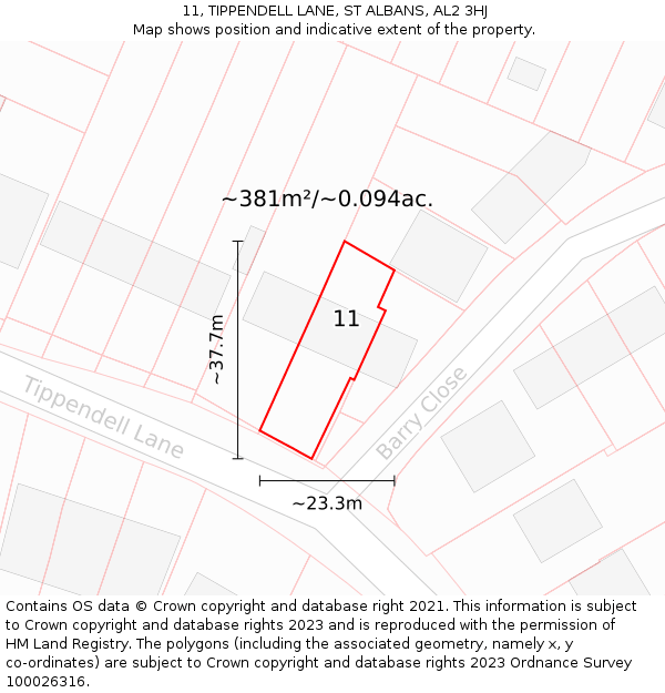 11, TIPPENDELL LANE, ST ALBANS, AL2 3HJ: Plot and title map