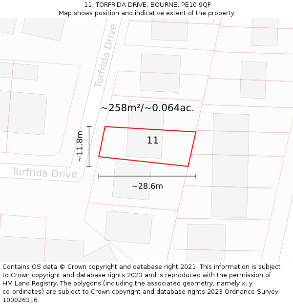 11, TORFRIDA DRIVE, BOURNE, PE10 9QF: Plot and title map