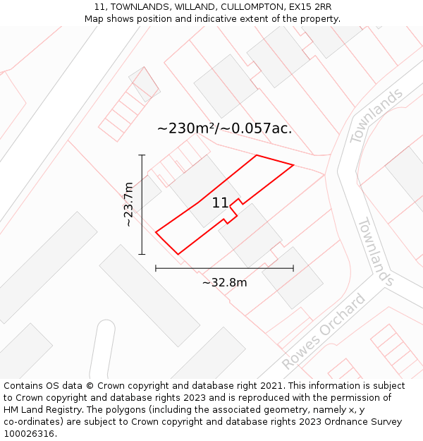 11, TOWNLANDS, WILLAND, CULLOMPTON, EX15 2RR: Plot and title map