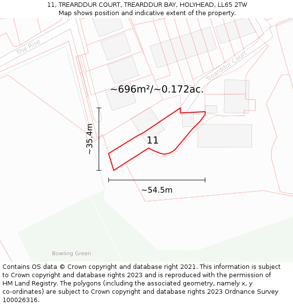 11, TREARDDUR COURT, TREARDDUR BAY, HOLYHEAD, LL65 2TW: Plot and title map