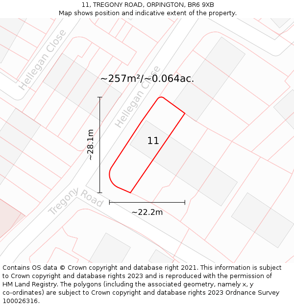 11, TREGONY ROAD, ORPINGTON, BR6 9XB: Plot and title map