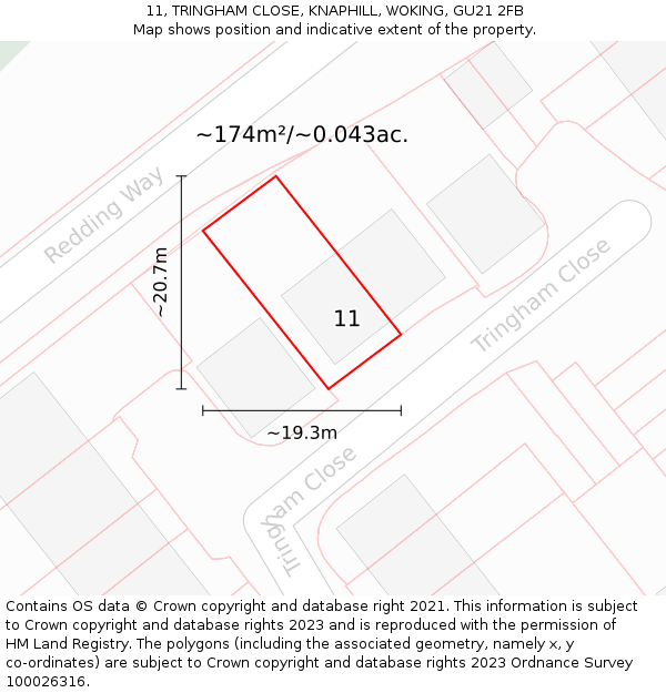 11, TRINGHAM CLOSE, KNAPHILL, WOKING, GU21 2FB: Plot and title map