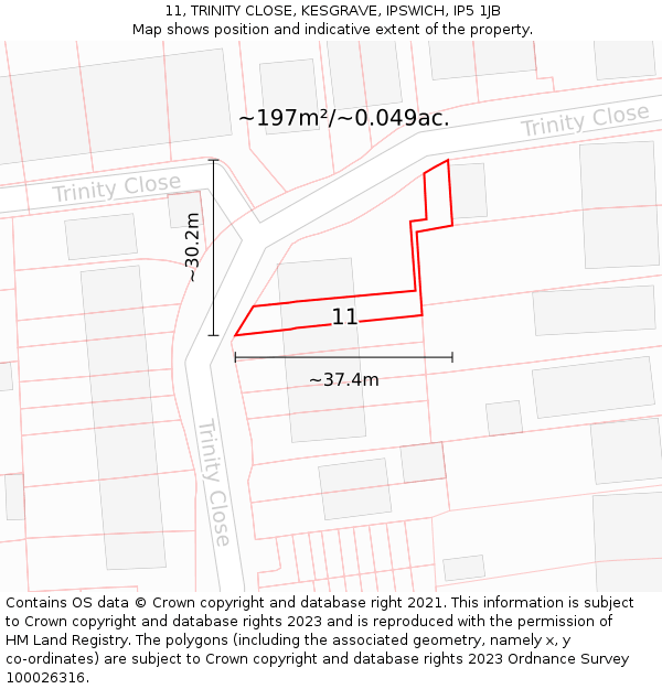 11, TRINITY CLOSE, KESGRAVE, IPSWICH, IP5 1JB: Plot and title map