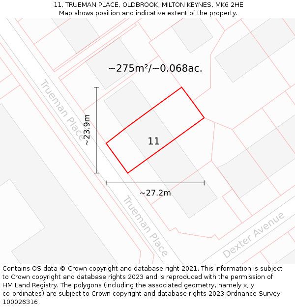 11, TRUEMAN PLACE, OLDBROOK, MILTON KEYNES, MK6 2HE: Plot and title map