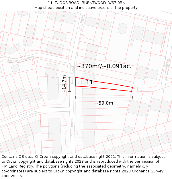 11, TUDOR ROAD, BURNTWOOD, WS7 0BN: Plot and title map