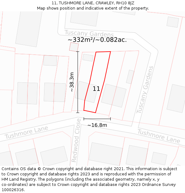 11, TUSHMORE LANE, CRAWLEY, RH10 8JZ: Plot and title map