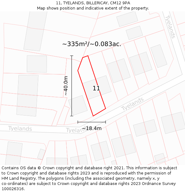 11, TYELANDS, BILLERICAY, CM12 9PA: Plot and title map