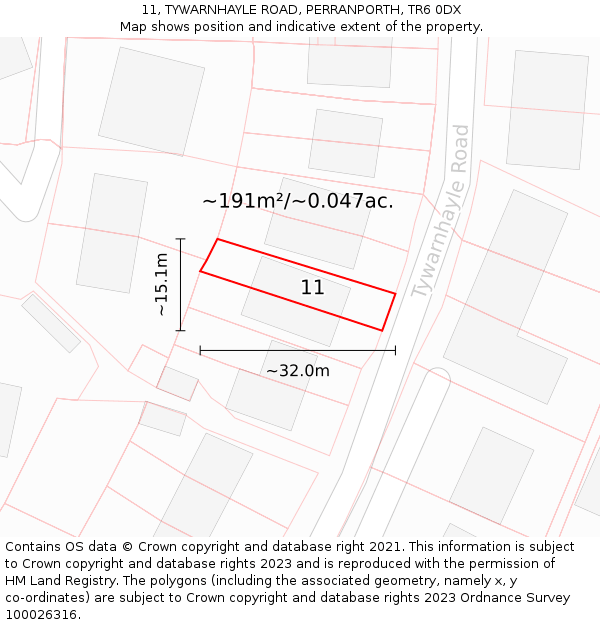 11, TYWARNHAYLE ROAD, PERRANPORTH, TR6 0DX: Plot and title map