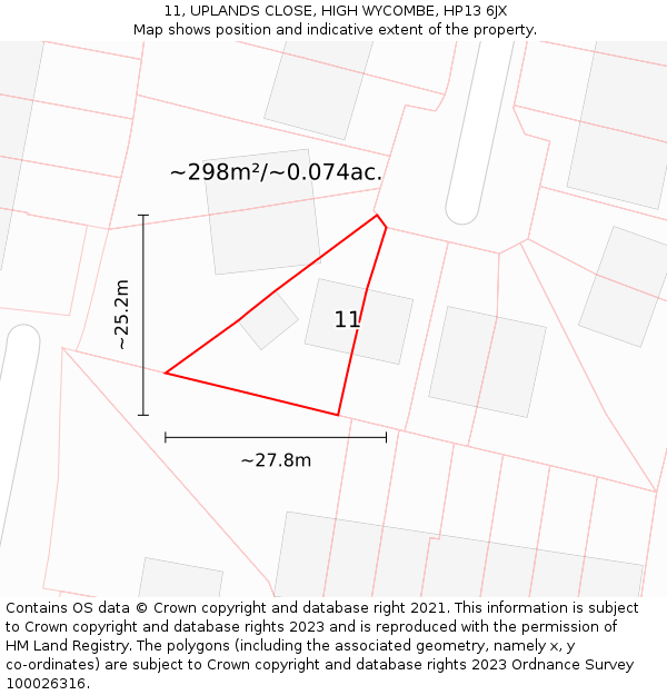 11, UPLANDS CLOSE, HIGH WYCOMBE, HP13 6JX: Plot and title map