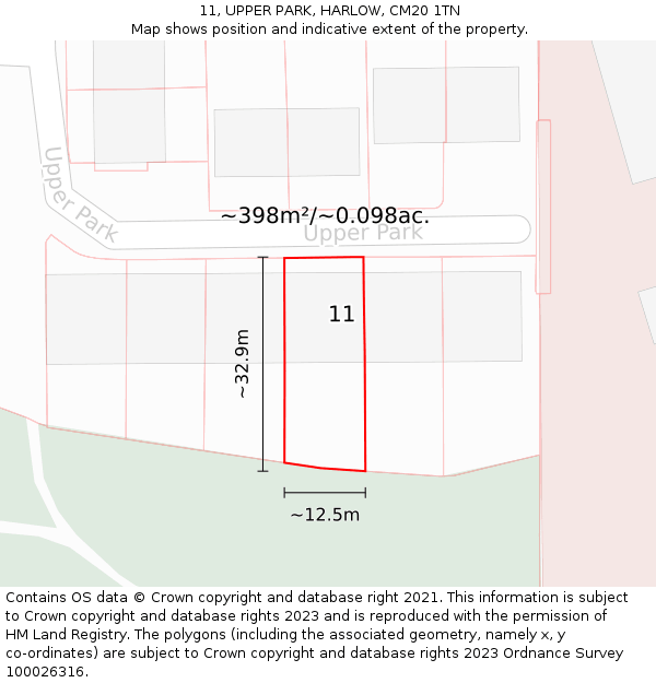 11, UPPER PARK, HARLOW, CM20 1TN: Plot and title map