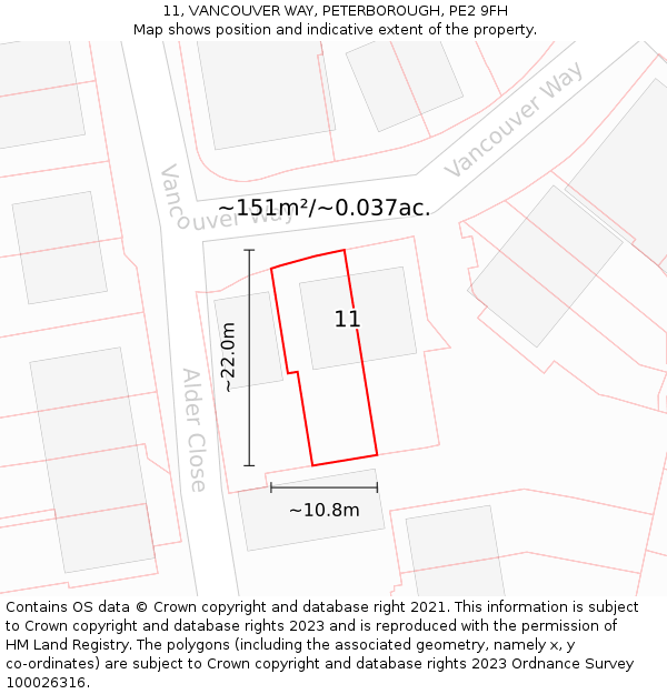 11, VANCOUVER WAY, PETERBOROUGH, PE2 9FH: Plot and title map