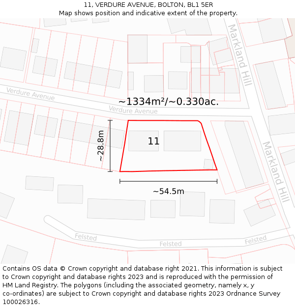 11, VERDURE AVENUE, BOLTON, BL1 5ER: Plot and title map