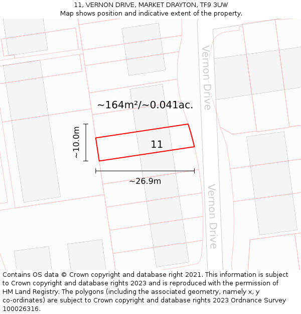 11, VERNON DRIVE, MARKET DRAYTON, TF9 3UW: Plot and title map