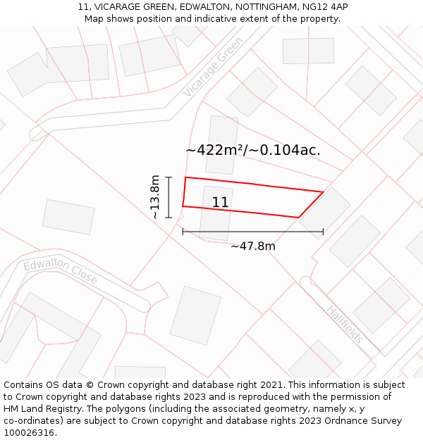 11, VICARAGE GREEN, EDWALTON, NOTTINGHAM, NG12 4AP: Plot and title map