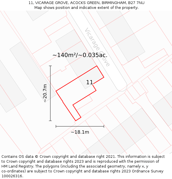 11, VICARAGE GROVE, ACOCKS GREEN, BIRMINGHAM, B27 7NU: Plot and title map