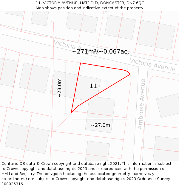 11, VICTORIA AVENUE, HATFIELD, DONCASTER, DN7 6QG: Plot and title map