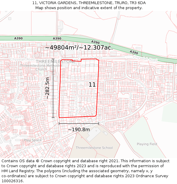 11, VICTORIA GARDENS, THREEMILESTONE, TRURO, TR3 6DA: Plot and title map