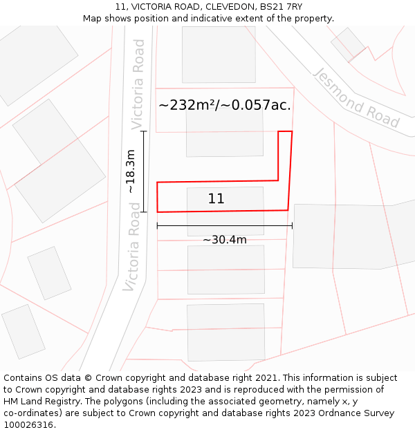 11, VICTORIA ROAD, CLEVEDON, BS21 7RY: Plot and title map