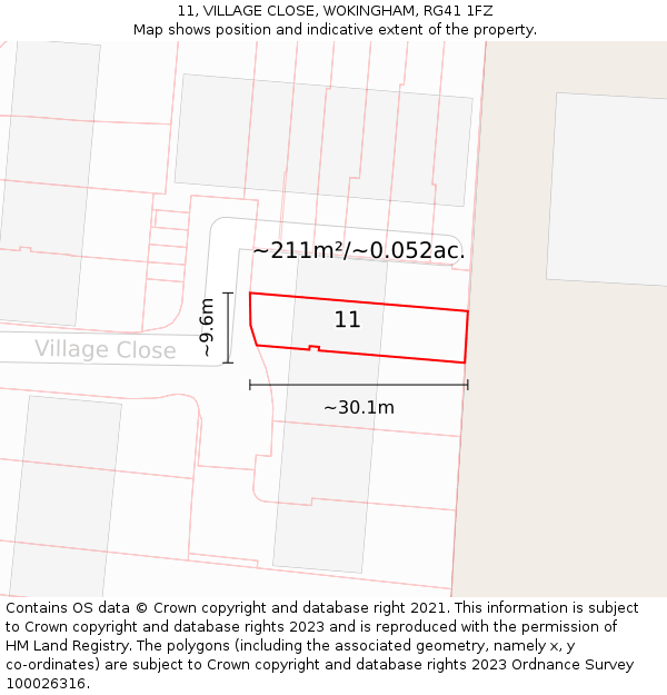 11, VILLAGE CLOSE, WOKINGHAM, RG41 1FZ: Plot and title map