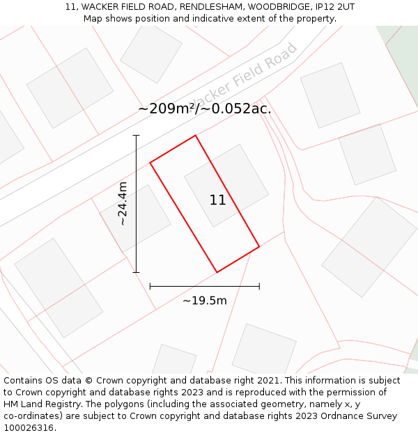 11, WACKER FIELD ROAD, RENDLESHAM, WOODBRIDGE, IP12 2UT: Plot and title map