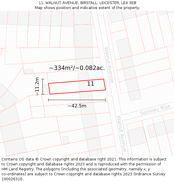 11, WALNUT AVENUE, BIRSTALL, LEICESTER, LE4 3EB: Plot and title map