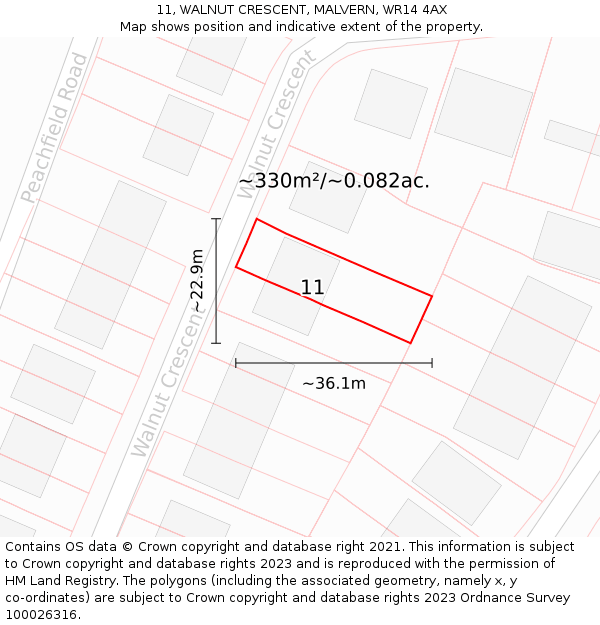 11, WALNUT CRESCENT, MALVERN, WR14 4AX: Plot and title map