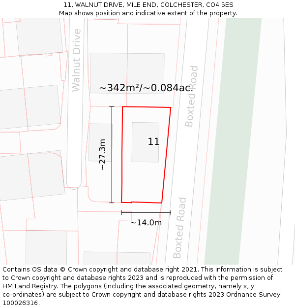 11, WALNUT DRIVE, MILE END, COLCHESTER, CO4 5ES: Plot and title map