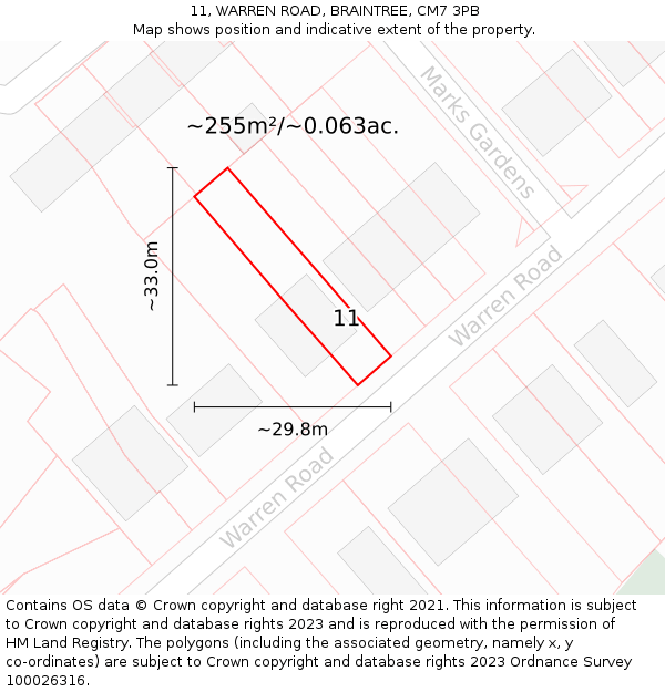 11, WARREN ROAD, BRAINTREE, CM7 3PB: Plot and title map