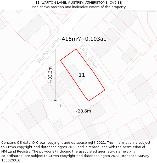 11, WARTON LANE, AUSTREY, ATHERSTONE, CV9 3EJ: Plot and title map