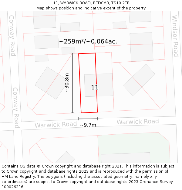 11, WARWICK ROAD, REDCAR, TS10 2ER: Plot and title map