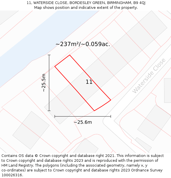 11, WATERSIDE CLOSE, BORDESLEY GREEN, BIRMINGHAM, B9 4QJ: Plot and title map