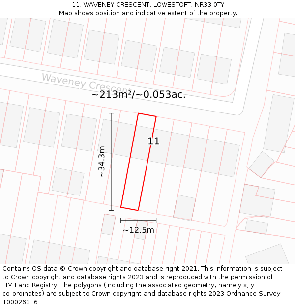 11, WAVENEY CRESCENT, LOWESTOFT, NR33 0TY: Plot and title map