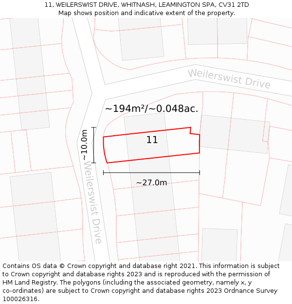 11, WEILERSWIST DRIVE, WHITNASH, LEAMINGTON SPA, CV31 2TD: Plot and title map