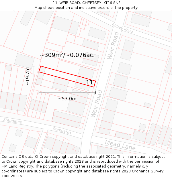 11, WEIR ROAD, CHERTSEY, KT16 8NF: Plot and title map