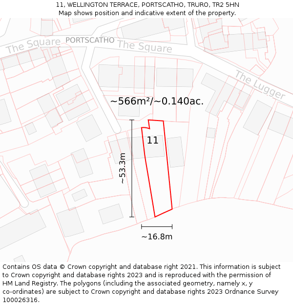 11, WELLINGTON TERRACE, PORTSCATHO, TRURO, TR2 5HN: Plot and title map