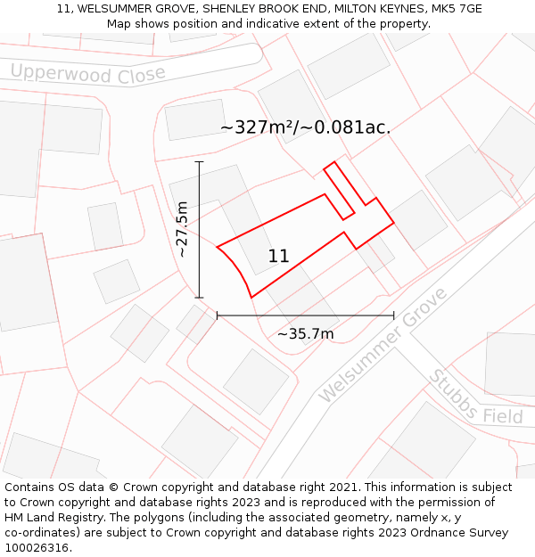 11, WELSUMMER GROVE, SHENLEY BROOK END, MILTON KEYNES, MK5 7GE: Plot and title map