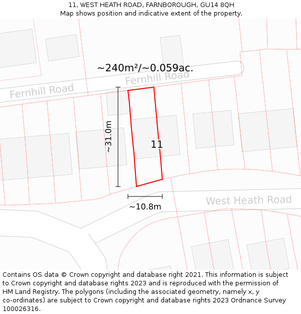 11, WEST HEATH ROAD, FARNBOROUGH, GU14 8QH: Plot and title map