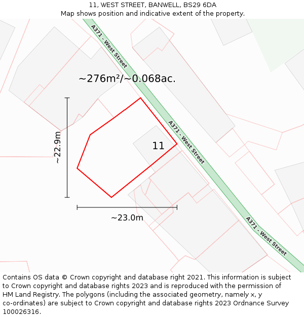 11, WEST STREET, BANWELL, BS29 6DA: Plot and title map