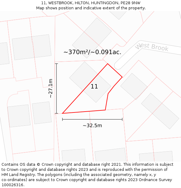 11, WESTBROOK, HILTON, HUNTINGDON, PE28 9NW: Plot and title map